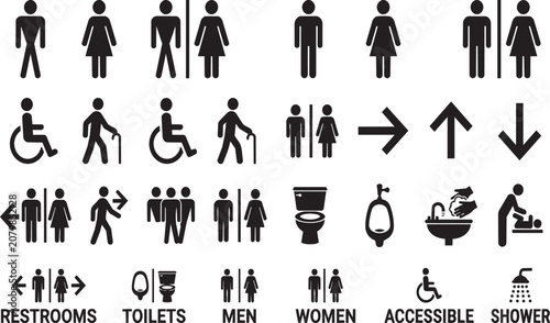 Foto Collection of restroom and toilet signage icons displayed as a flat vector graph