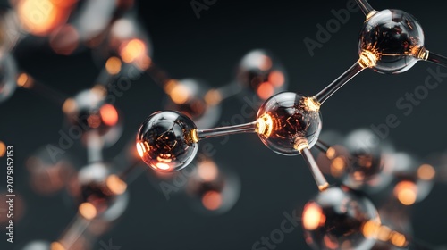 Abstract molecular structure with glowing spheres and metallic rods forming futuristic scientific concept background for chemistry, nanotechnology, molecular biology, quantum physics, atomic research,