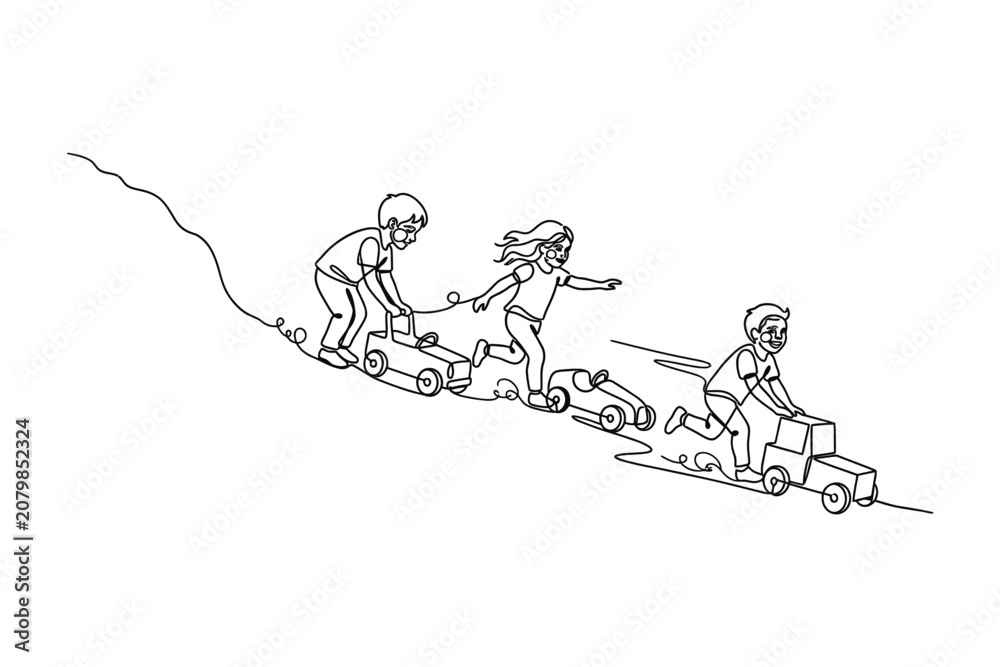 Obraz premium Three children playing with toy cars in a continuous line drawing style.
