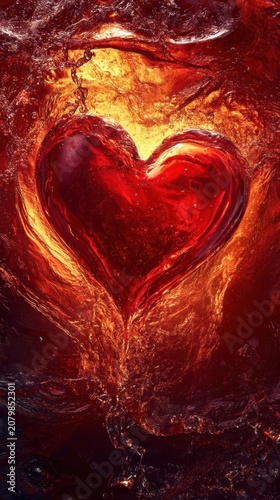 Fiery Red Liquid Heart in Splashing Water