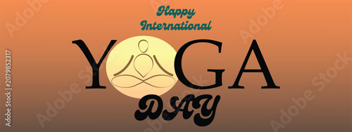 Modern International Yoga Day banner featuring an elegant minimalist line art illustration of a person meditating in the lotus pose alongside a celebratory greeting. The clean vector design symbolizes