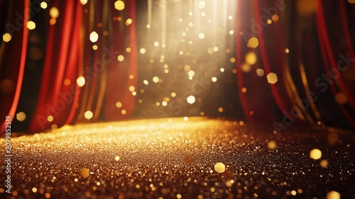Golden glitter stage backdrop with red curtains