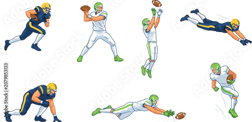 Cuadro en lienzo American Football Players Vector Character Collection with White and Blue Teams