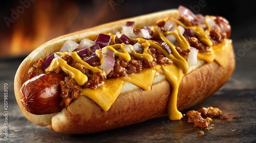 Gourmet chili cheese hot dog with melted cheese, mustard, and diced onions on a dark background