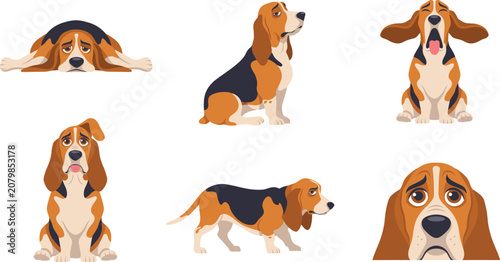 Fotografía Cute Basset Hound Dog Vector Character Set with Playful Purebred Puppies Lying S