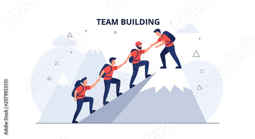 Team Building: People climbing mountain together, helping each other to reach the summit