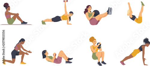 Fotografía Diverse Fit Women Core and Abs Workout Vector Character Set Doing Crunches Plank