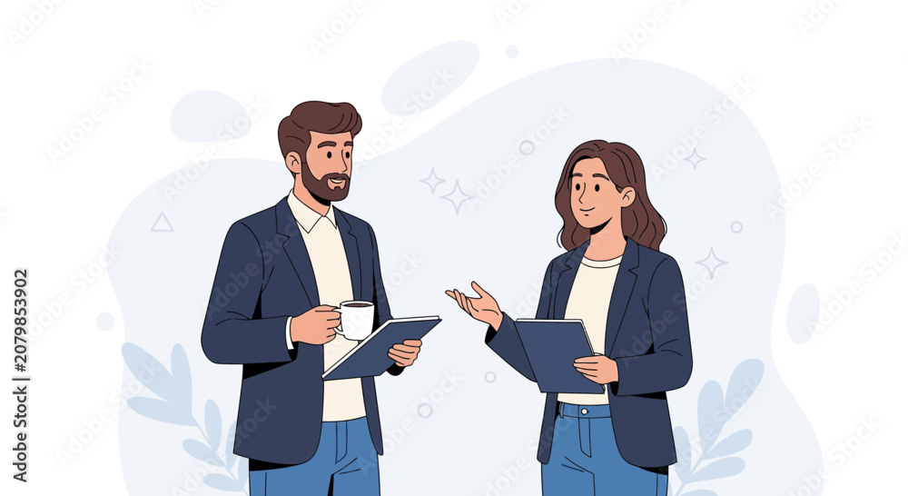 Obraz premium Two colleagues in business attire discussing ideas while holding tablets and a coffee mug, set against a soft, abstract background with decorative elements.