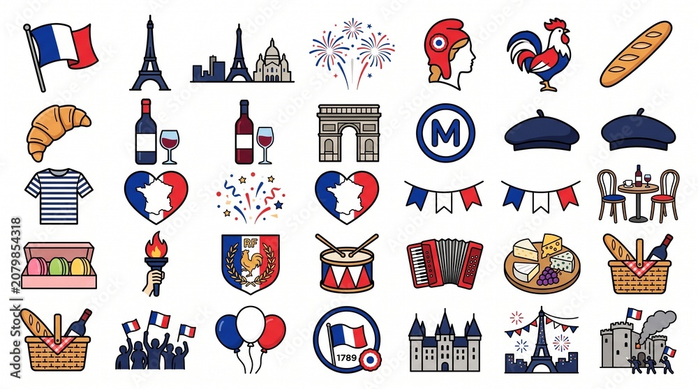 Fototapeta premium French icons, Paris symbols, France illustrations, vector graphics