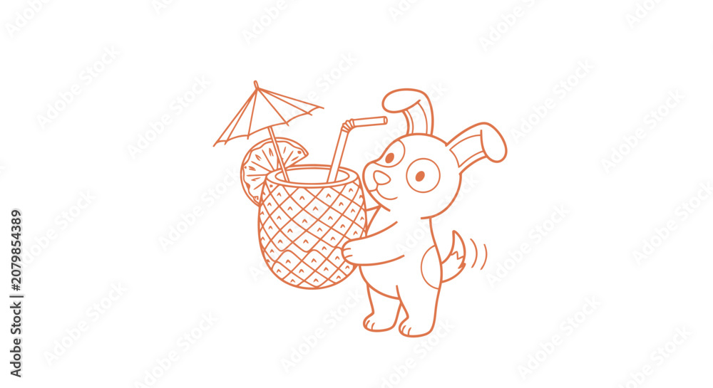 Obraz premium A cartoon dog holds a tropical drink with umbrella on vacation