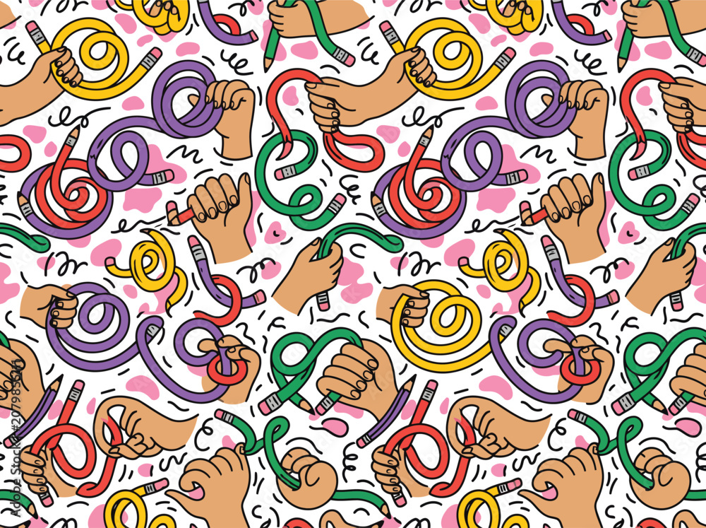 Naklejka premium Seamless Doodle Pattern of Creative Hands Holding Flexible Colorful Pencils for Education and Artistic Design Projects