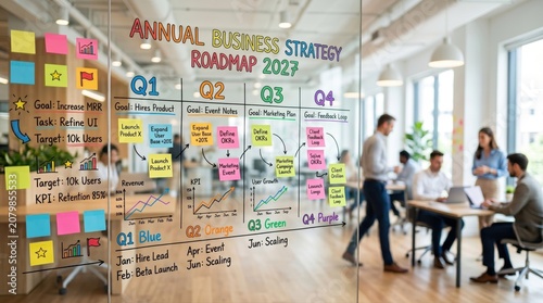 Annual Business Strategy Roadmap for 2027 Featuring Colorful Sticky Notes and Team Collaboration in Modern Office Space