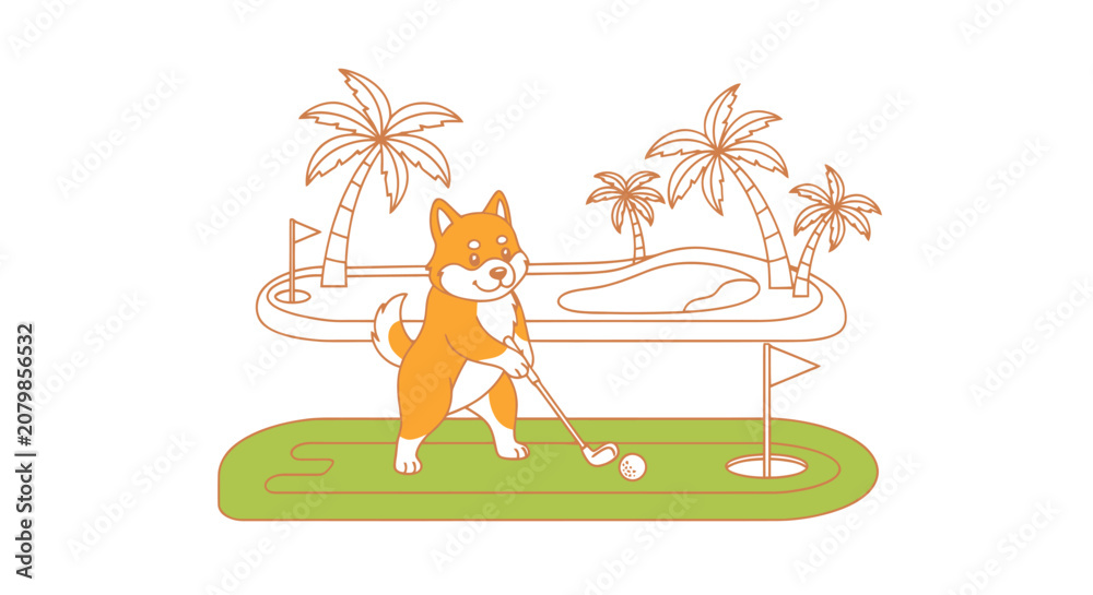 Naklejka premium A dog plays golf on a tropical island course with palm trees.