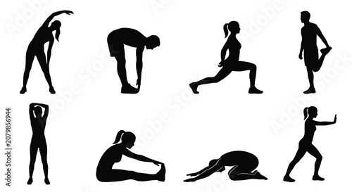 Konstfotografi Collection of human figures performing stretching exercises in black silhouette