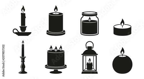 Tableau sur toile Collection Of Black Candle And Lantern Silhouettes On A White Background Silhoue