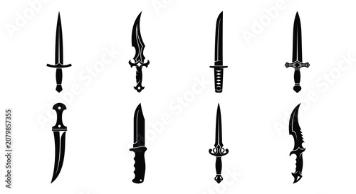 Schilderij op canvas Collection Of Various Swords And Daggers In Black Silhouette sword blades weapon