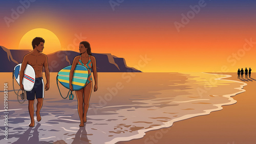 Two surfers carry their boards along a wet sandy shoreline at sunset. Warm orange light illuminates the ocean waves and distant mountains in this vibrant illustration.
