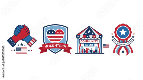 American volunteer community center event with patriotic illustrations