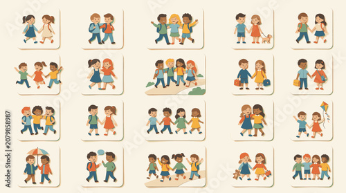 Children Friends Illustrating Diverse Groups Walking Playing Together Symbolizing Childhood Joy and Education