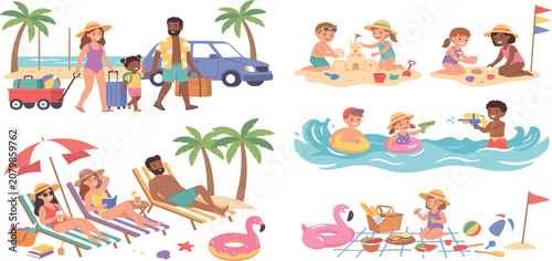 Tableau sur toile Happy family summer beach vacation vector set with people sunbathing swimming an