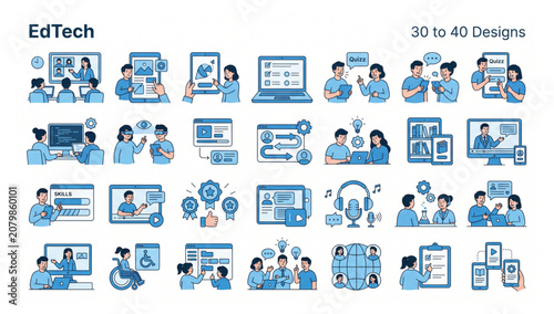 Foto Modern ed tech illustration set showing digital education tools and online class