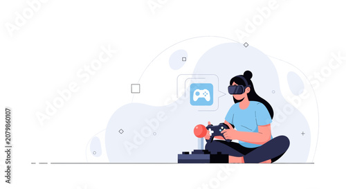 Young Woman Wearing VR Headset Playing Video Games with Joystick and Controller, Immersive Gaming Experience