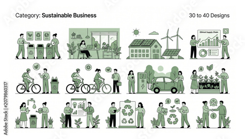 Quadro su tela Set of sustainable business concept illustrations featuring eco friendly practic