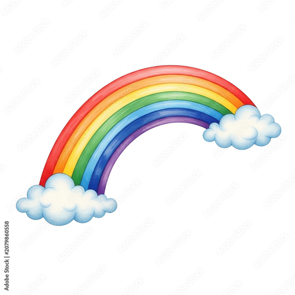 Fototapeta premium Colorful rainbow with fluffy clouds in the sky isolated on transparent background