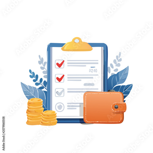Flat vector illustration of invoice with coins and wallet