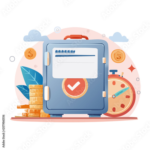 Flat vector illustration of suitcase with checkmark and symbols