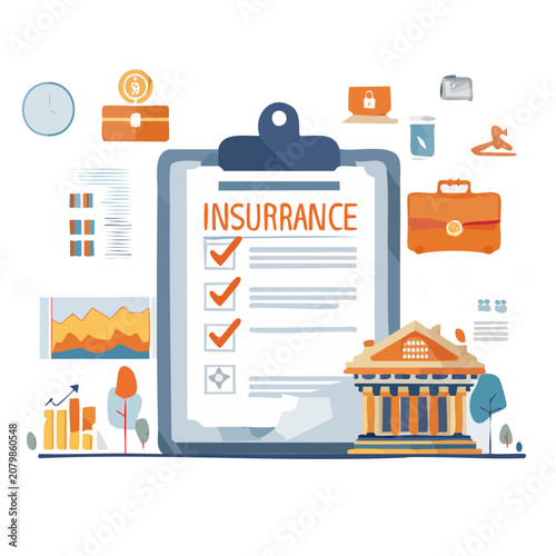 Insurance concept flat vector illustration with clipboard and icons