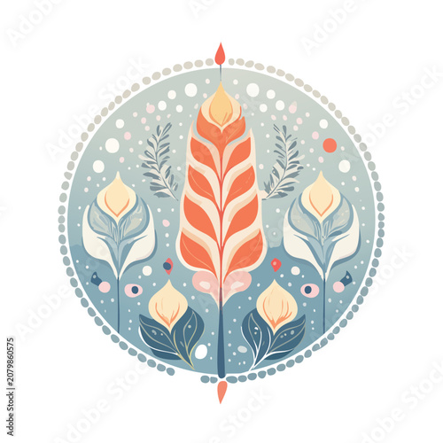 Ornamental Feather and Floral Pattern in Circular Frame