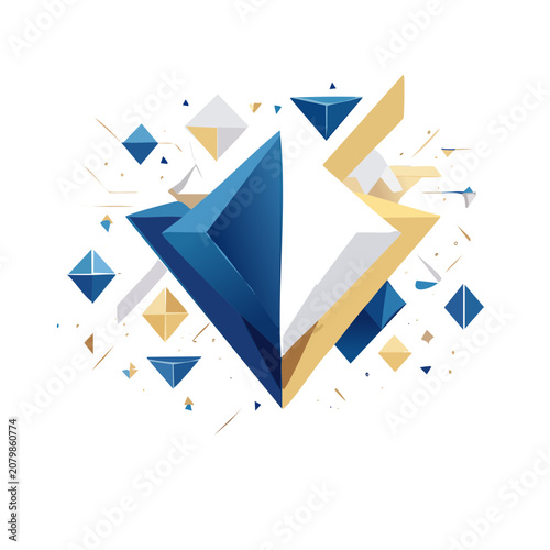 Abstract geometric explosion with blue and gold shards