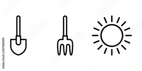Bild auf Leinwand Set of gardening tools and sun outline icons with pitchfork gardening agricultur