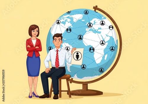Business people interacting with a globe representing global connections and networking