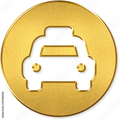 Obraz na plátně Taxi cab vehicle icon with gold metallic 3D coin badge for taxi, yellow cab, rid