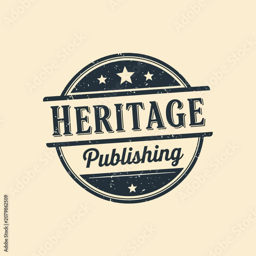 Heritage publishing vintage circular stamp with retro elements for book press library literature author academic print shop business logo design