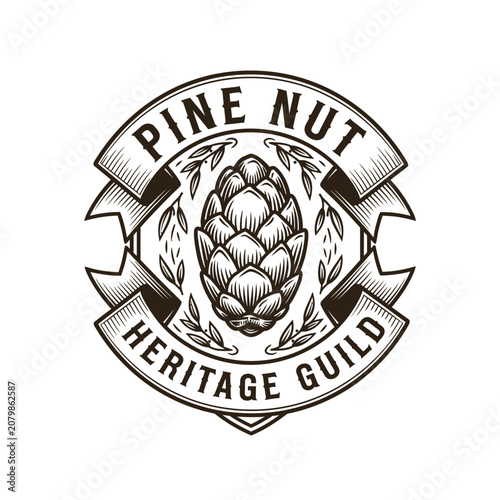 Canvastavla Pine nut heritage guild badge with detailed pine cone for organic agriculture fo