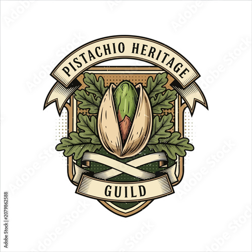 Pistachio heritage guild with nut leaf motif for organic agriculture nut farm healthy food plantation local market premium product logo design