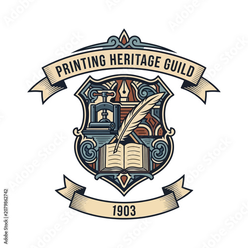 Slika na platnu Vintage printing guild emblem with Classic press quill for craftsmanship typogra