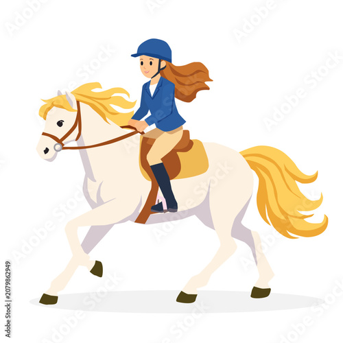 Εκτύπωση καμβά Vector illustration of a young female equestrian or horsewoman wearing a helmet and formal riding outfit, galloping on a beautiful white horse with a golden mane