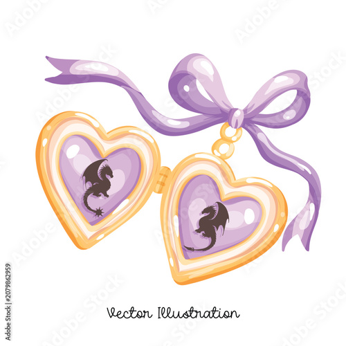 Heart Lockets with Black Dragon Silhouette and Ribbon Watercolor Clipart