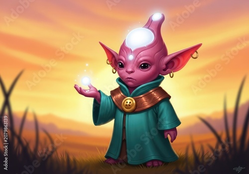 A pink alien creature with a green robe standing in a field at sunset holding a glowing orb in its hand with a mystical expression on its face in a fantasy scene