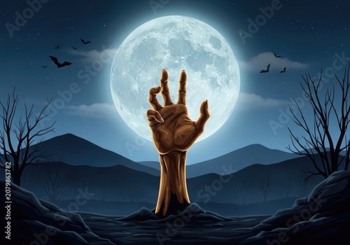 A spooky hand reaching out from the ground with a full moon in the background on a dark night with bats flying around