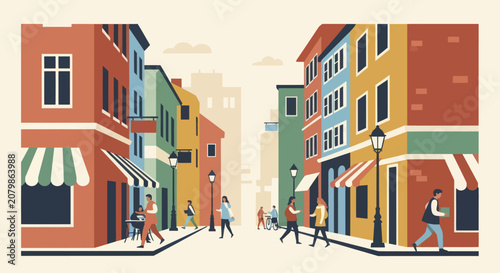 Photos Vibrant City Street Scene with Diverse People and Colorful Buildings