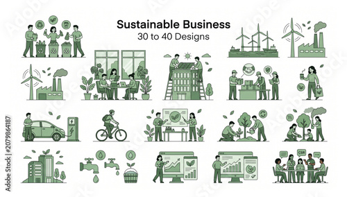 Sustainable business and green economy vector collection with sustainability business environment recycling renewable corporate conservation industry efficiency solutions management