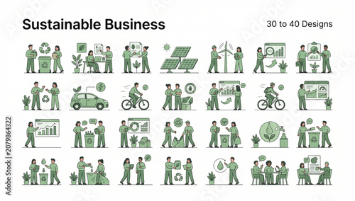 Eco friendly sustainable business practices icon set with sustainability business environment recycling renewable corporate conservation industry efficiency solutions management