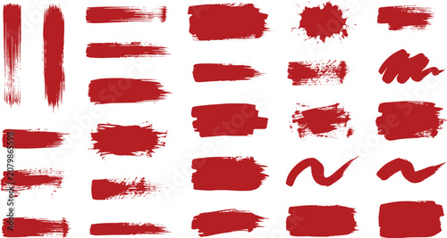 Red paint brush strokes collection, grunge ink splatter and textured acrylic smears, 25 vector brush stroke elements for artistic graphic design