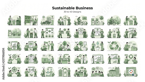 Sustainable business green vector illustration set featuring eco friendly practices and environmental concepts sustainability business environment recycling renewable conservation corporate