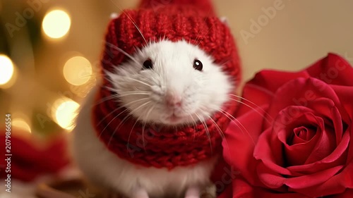 A fluffy white hamster wearing a red knit cap posed beside a vibrant red rose in warm lights